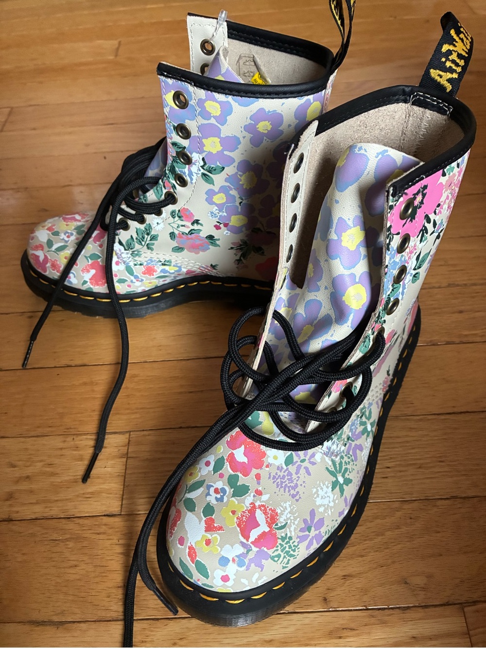 Dr. Martens Women's Floral Lace-Up Leather Boots in Cream, Pink, Purple